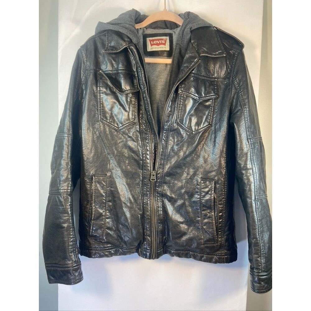 LEVIS FAUX LEATHER DARK BROWN ZIP UP LINED GRAY HOODIE SZ SMALL
